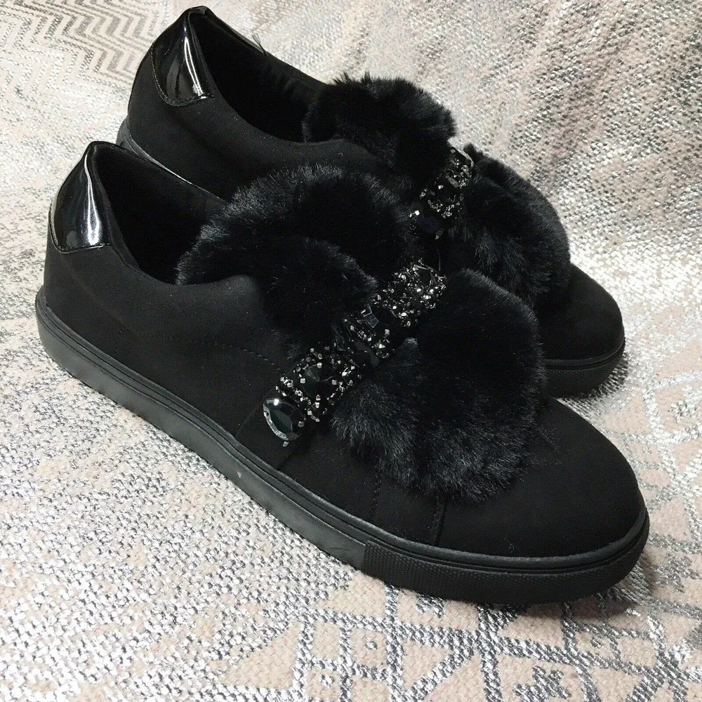 Ashley Stewart Women's Sz 9 Black Faux Suade Fur Loafer Gem Stone Embellished - Picture 2 of 8